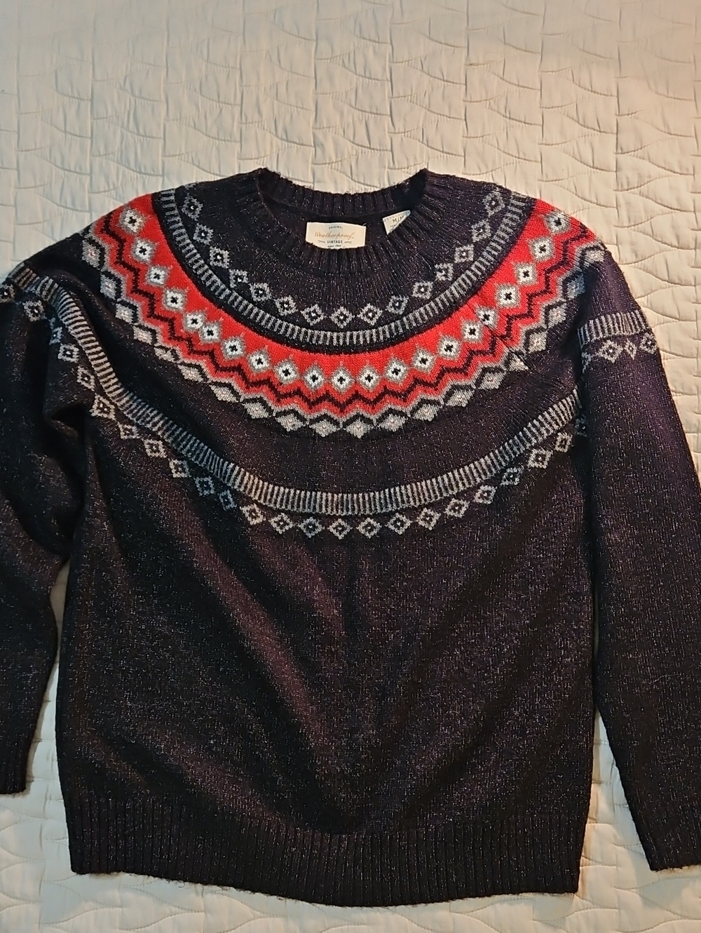 Womens Crewneck Sweater with Red & Gray Fair Isle Yoke